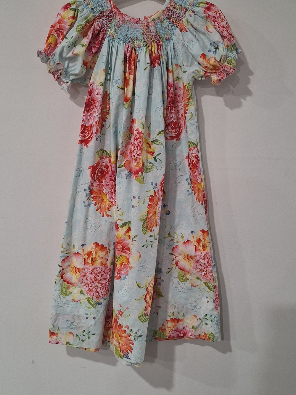 Girls Light Blue Floral Dress with Pink-Orange Blooms